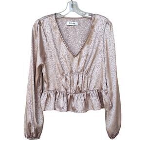 DO+BE Satin Animal Print Cheetah Peplum Balloon Sleeves Y2K Top Blouse M